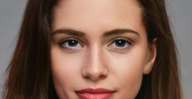 woman with red lipstick and brown eyes